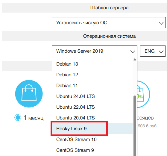 Выбор операционной системы при заказе сервера