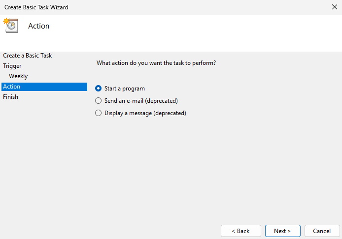 Выбор опции Start a program