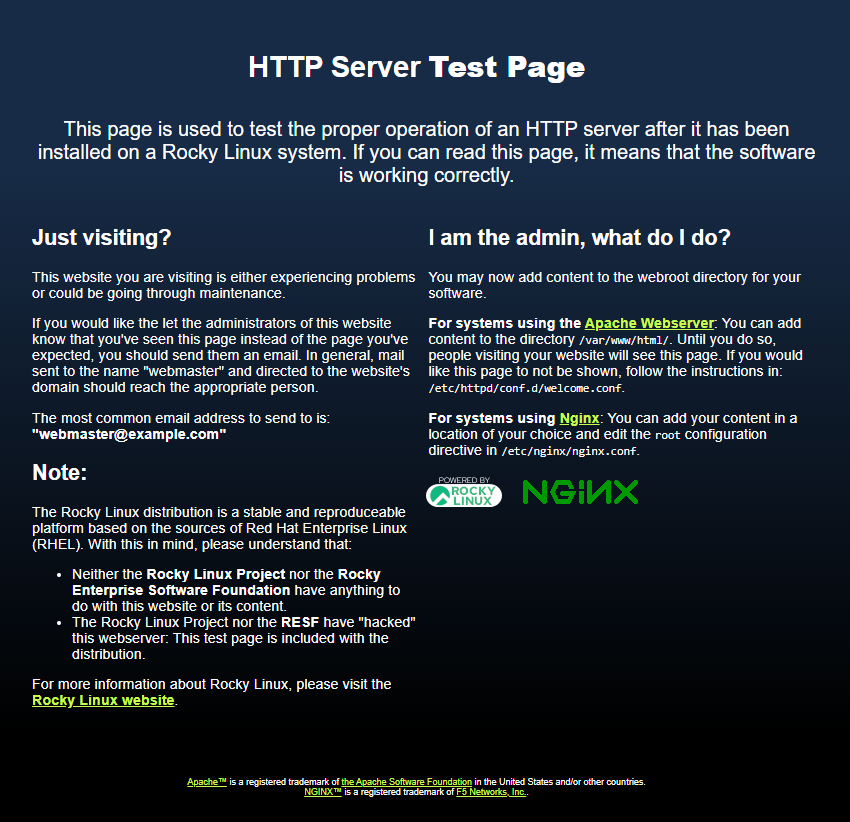 Стандартная тестовая страница веб-сервера Nginx для Rocky Linux