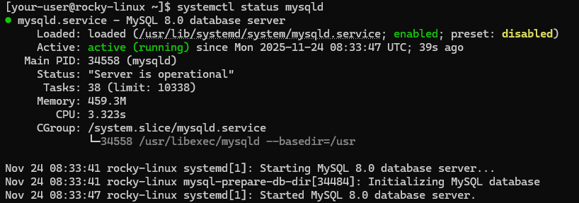 Вывод текущего состояния службы MySQL