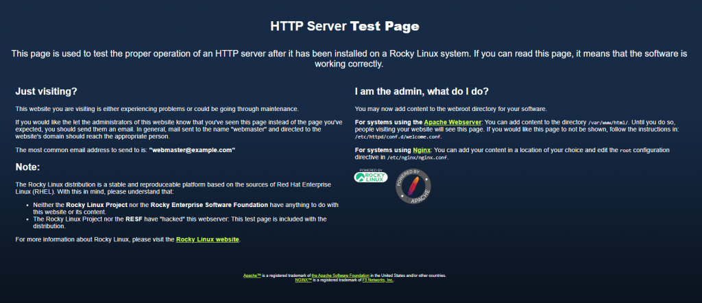 Тестовая страница Apache для Rocky Linux 9