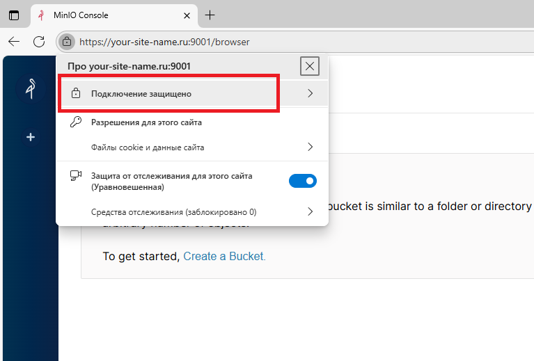 Подключение к веб-панели MinIO с использованием протокола HTTPS