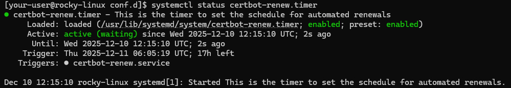 Вывод статуса таймера certbot-renew.timer