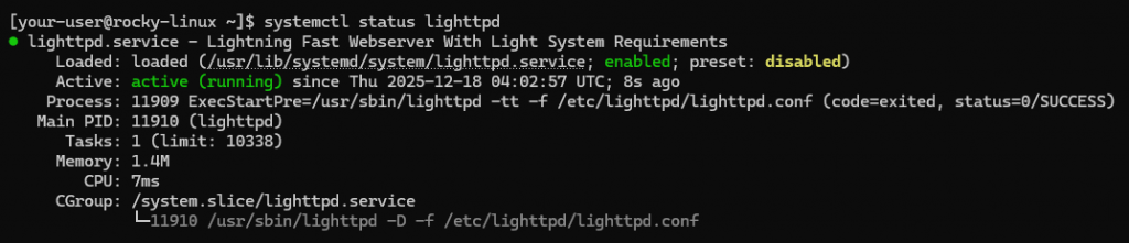 Вывод текущего состояния службы Lighttpd на CentOS Stream 10 и Rocky Linux 9