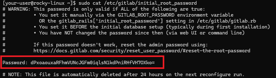 Пароль учётной записи root для подключения к GitLab