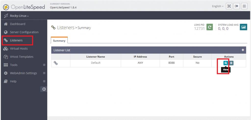 Вкладка Listeners в панели управления