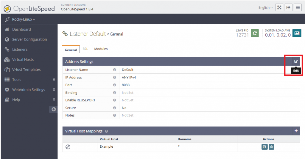 Редактирование настроек дефолтного хоста