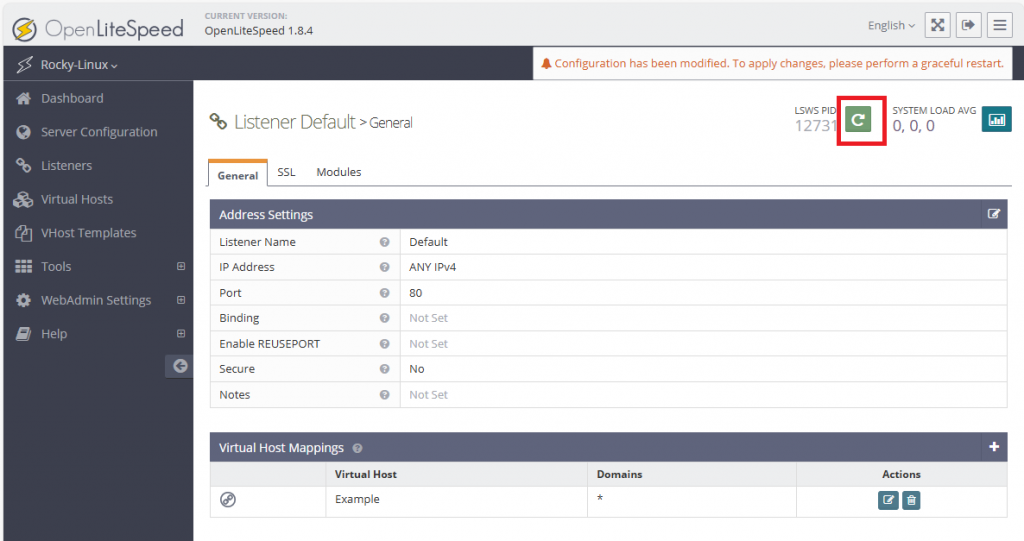 Перезапуск конфигурации для применения изменений