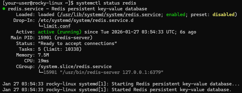 Вывод текущего состояния службы Redis на Rocky Linux 9