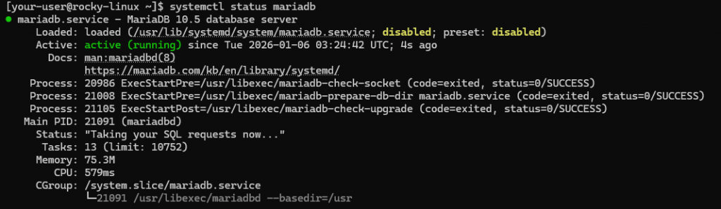 Вывод состояния службы MariaDB на Rocky Linux