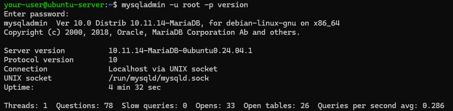 Вывод версии MariaDB через mysqladmin на Ubuntu 24.04