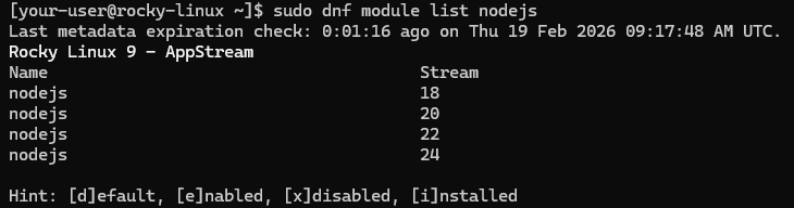 Вывод списка версий Node.js, доступных для установки на Rocky Linux 9