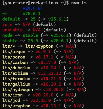 Вывод списка версий Node.js, установленных через NVM на Rocky Linux 9