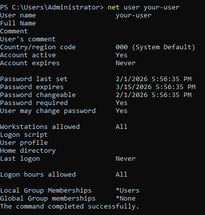 Проверка созданного пользователя при настройке файлового сервера на Windows Server 2025 Core