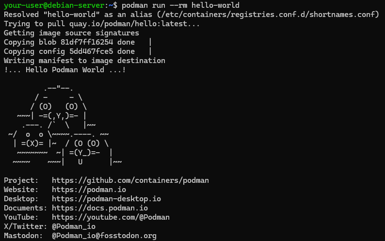Запуск контейнера на основе тестового образа hello-world