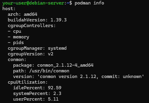Вывод команды podman info на Debian
