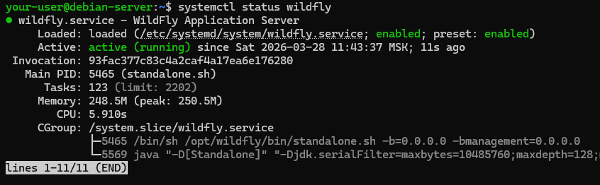 Текущее состояние службы  WildFly