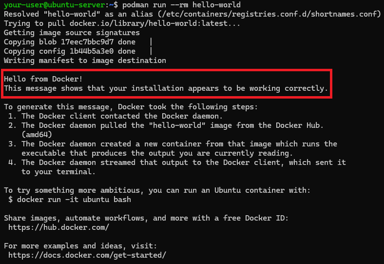 Запуск тестового контейнера из тестового образа hello-world