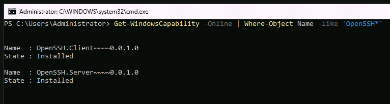 Проверка установки OpenSSH Server