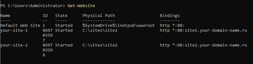 Вывод списка сайтов, запущенных на веб-сервере IIS на Windows Server Core