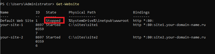 Вывод списка сайтов, запущенных на веб-сервере IIS на Windows Server Core
