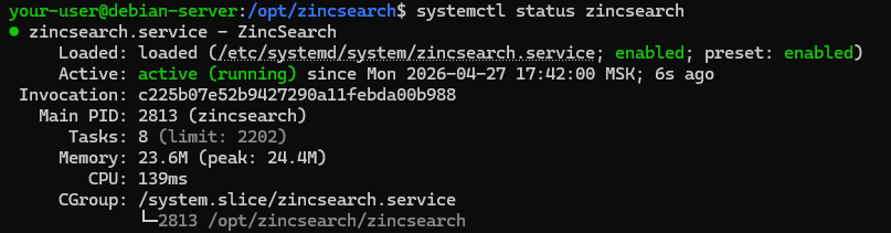Вывод текущего состояния службы ZincSearch