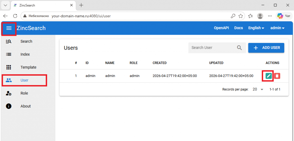 Редактирование администратора - Как установить ZincSearch на Ubuntu и Debian