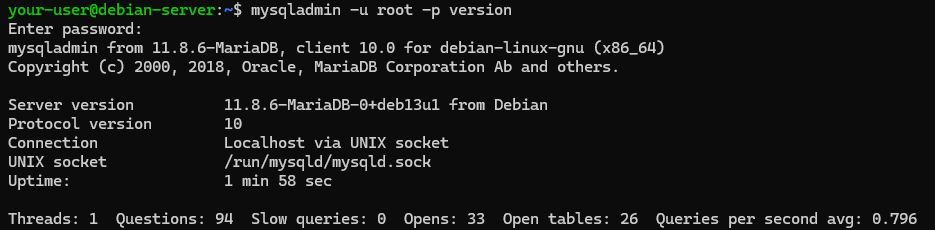 Вывод команды mysqladmin -u root -p version
