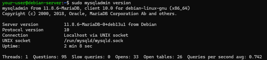 Вывод команды sudo mysqladmin version