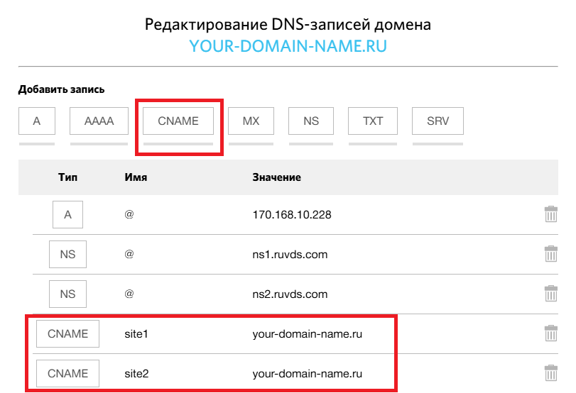 Добавление поддоменов в личном кабинете RUVDS