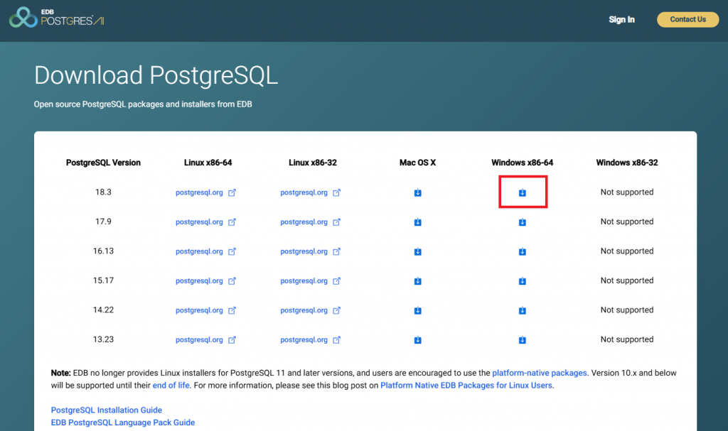Страница загрузок PostgreSQL