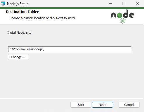 Выбор каталога для установки Node.js