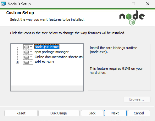 Выбор устанавливаемых компонентов Node.js