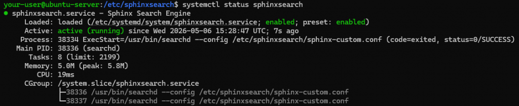 Вывод текущего состояния службы sphinxsearch на Ubuntu и Debian