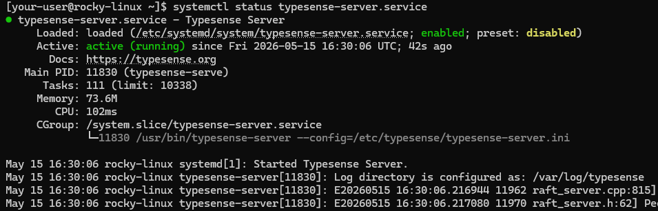Вывод текущего состояния службы Typesense на CentOS и Rocky Linux