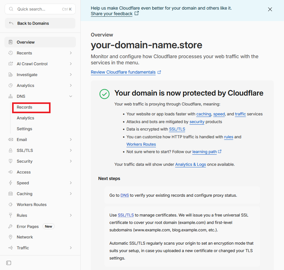Раздел DNS-записей на сайте Cloudflare