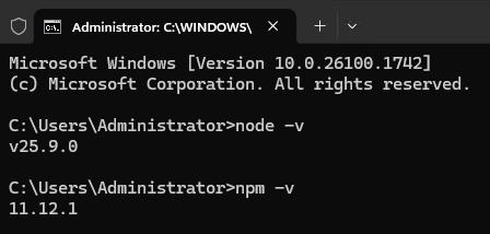 Вывод версии Node.js и менеджера пакетов npm из командной строки Windows Server 2025