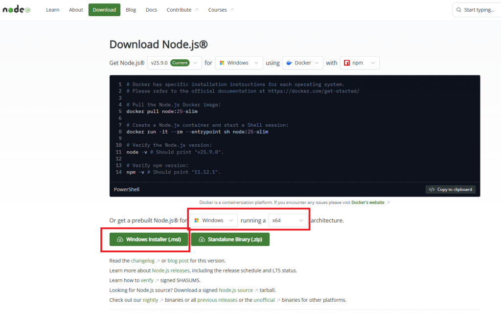 Официальная страница загрузки Node.js