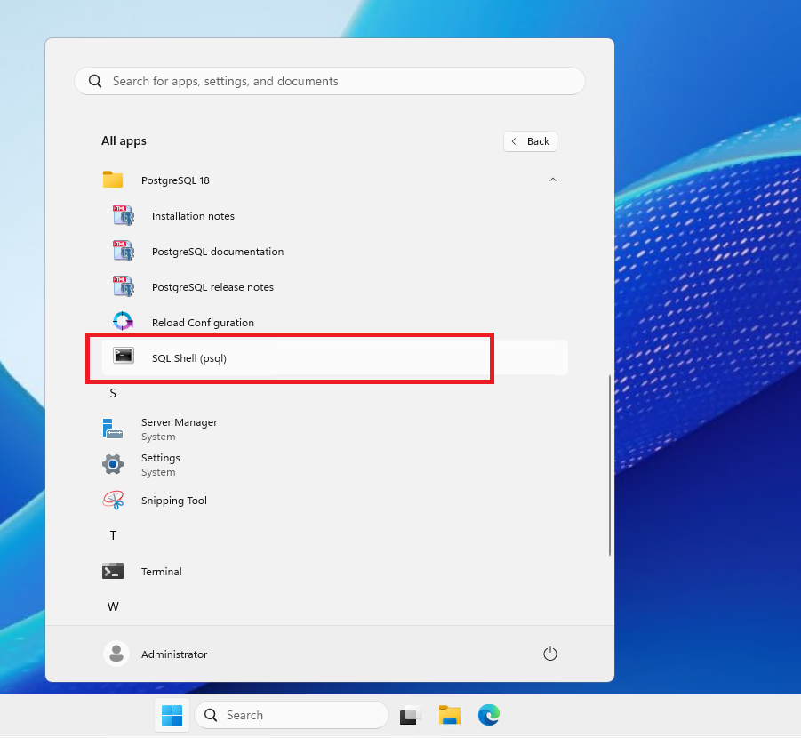 Запуск командной оболочки PostgreSQL в Windows Server 2025