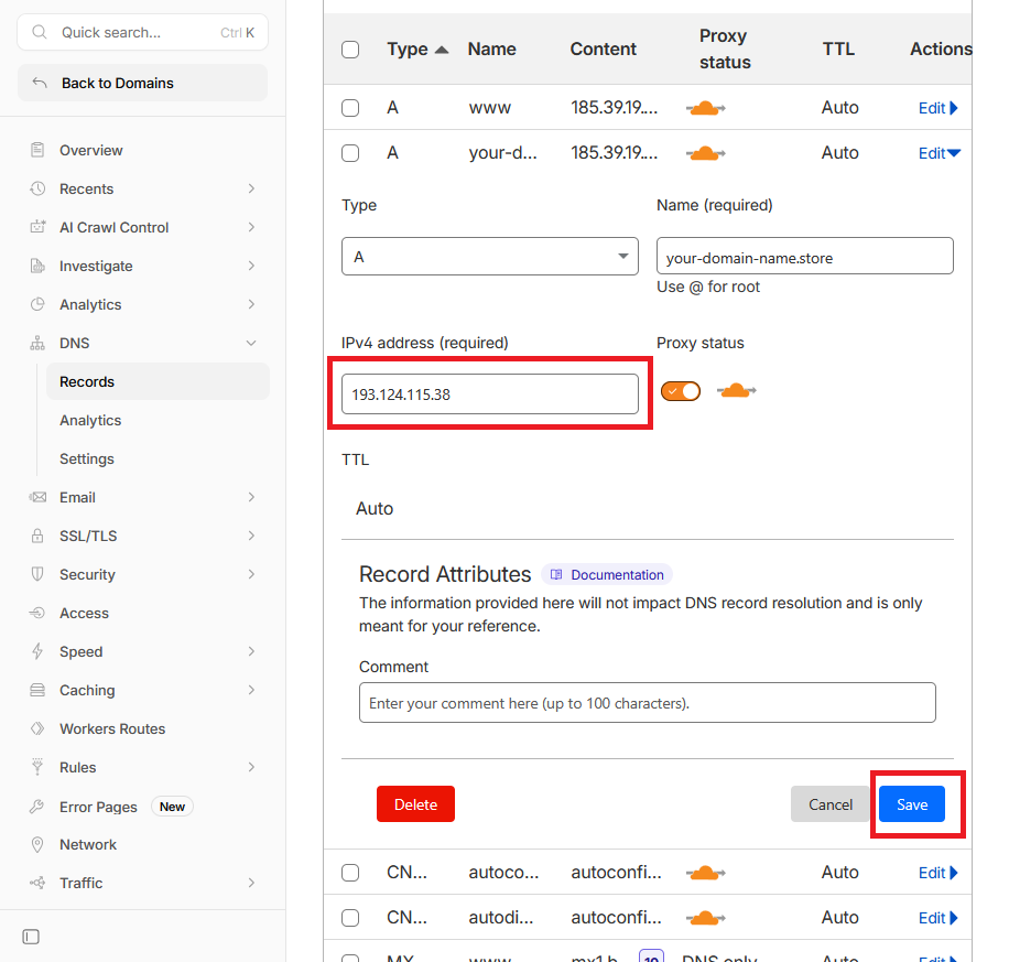 Редактирование A-записи на сайте Cloudflare