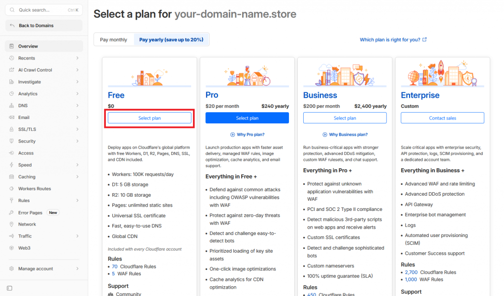 Выбор тарифного плана на сайте Cloudflare