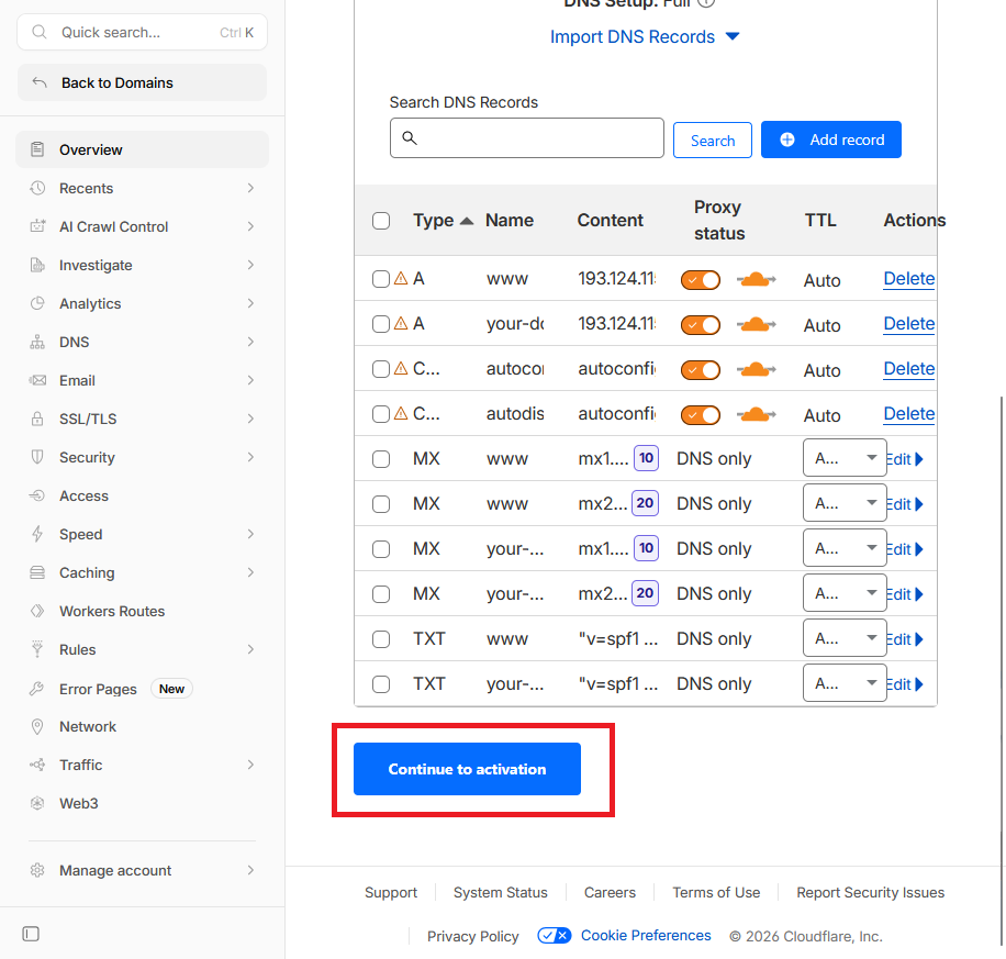 Активация нового домена на сайте Cloudflare
