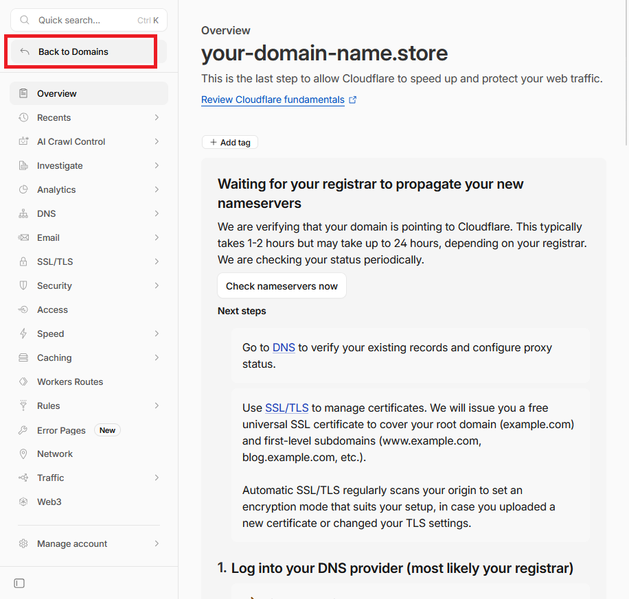 Возвращение в раздел Домены на сайте Cloudflare