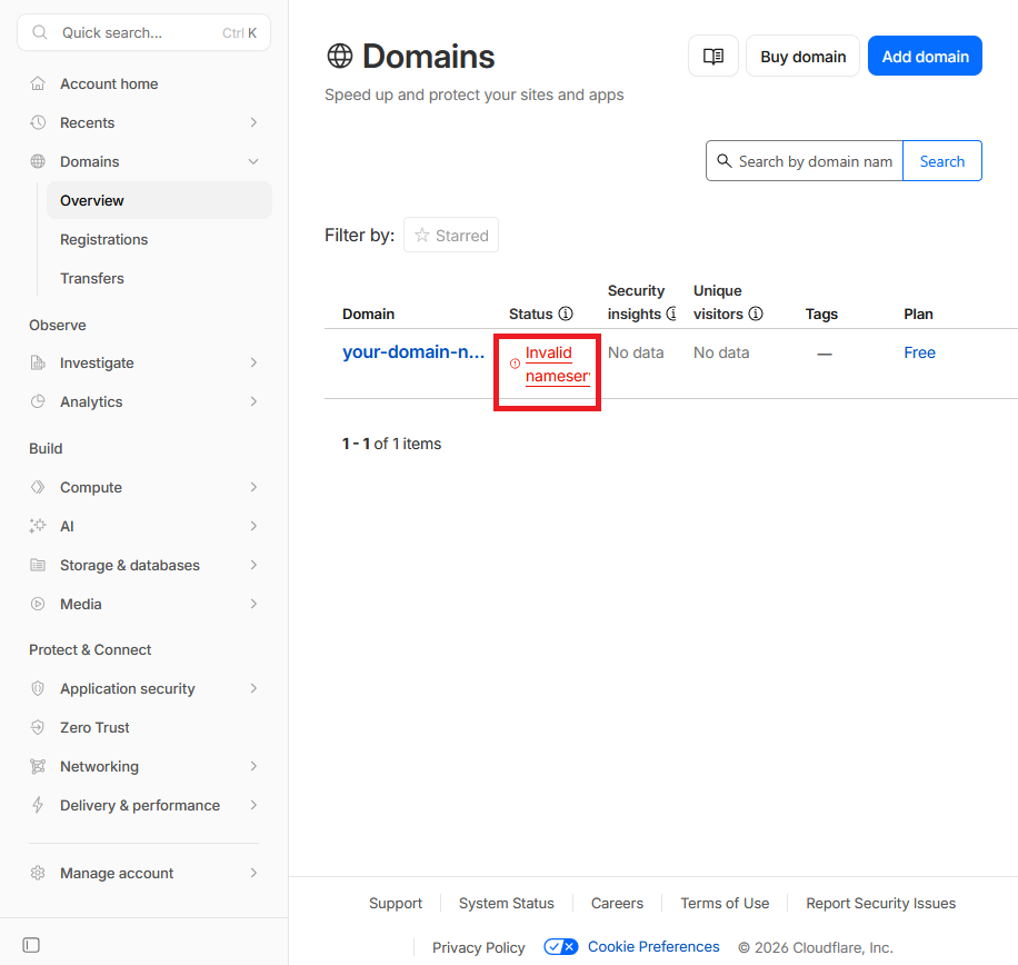 Статус домена на сайте Cloudflare - Как настроить DNS