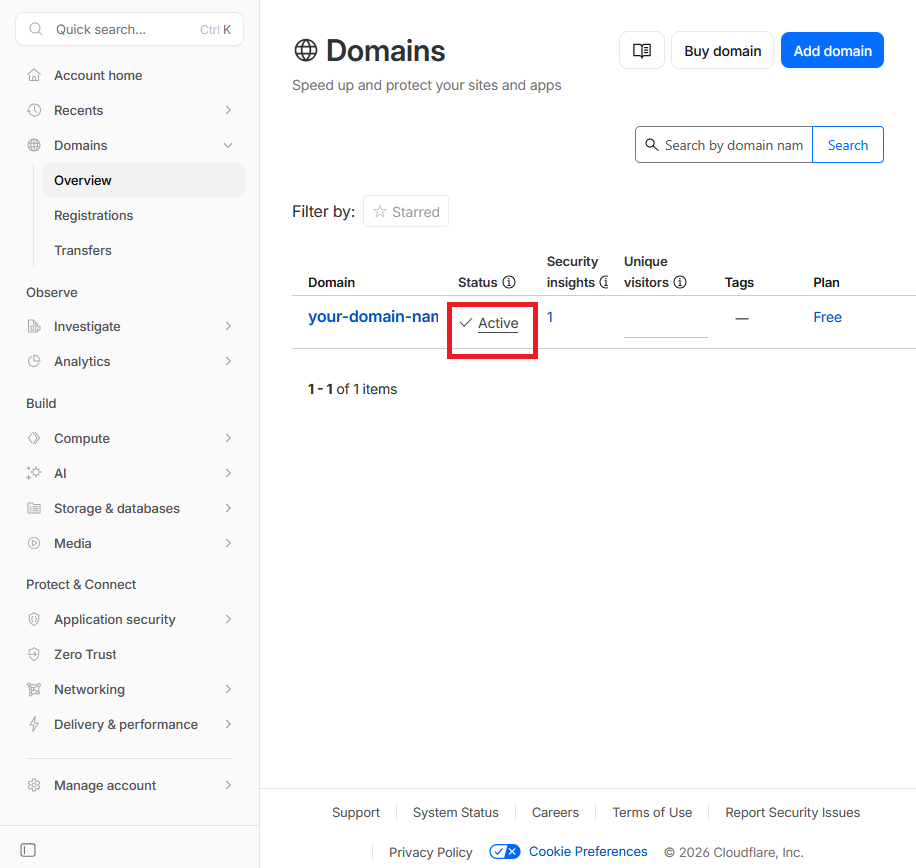 Статус домена на сайте Cloudflare - Как настроить DNS