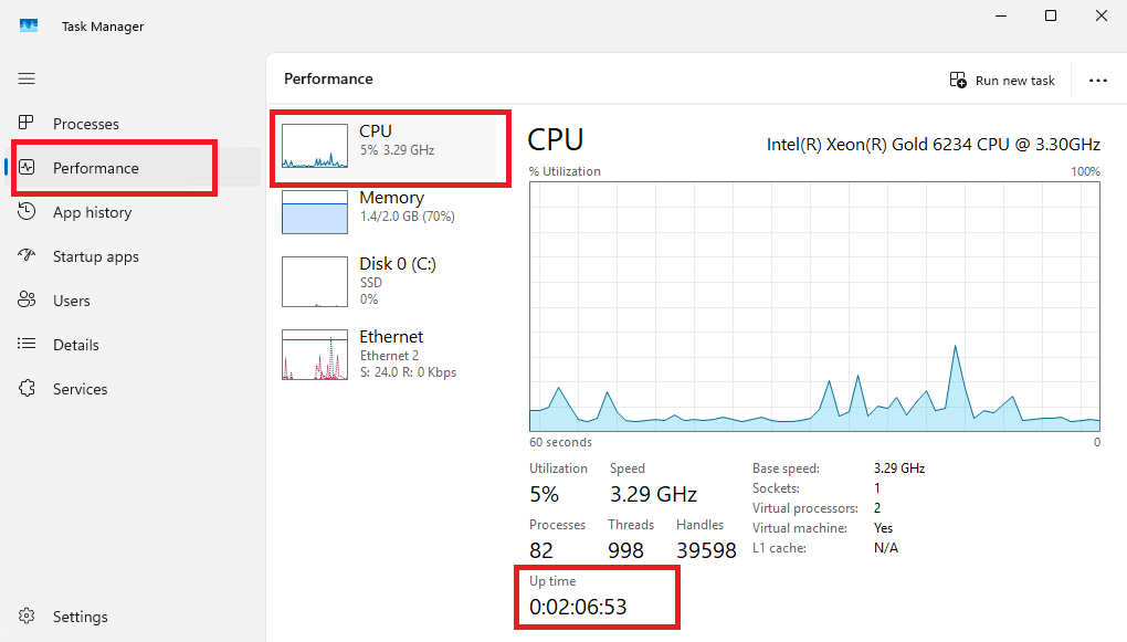 Определение Uptime на Windows через Диспетчер задач