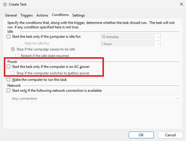 Вкладка Conditions - Как настроить автоматический запуск Wiki.js на Windows