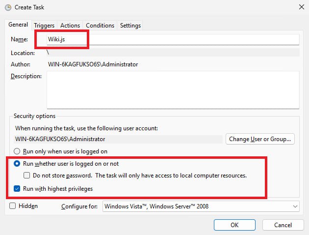 Вкладка General - Как настроить автоматический запуск Wiki.js на Windows