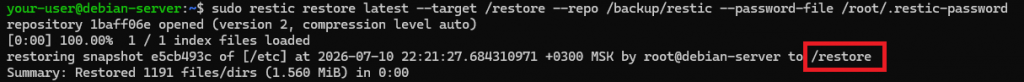 Вывод утилиты Restic при восстановлении данных из бэкапа на Ubuntu и Debian