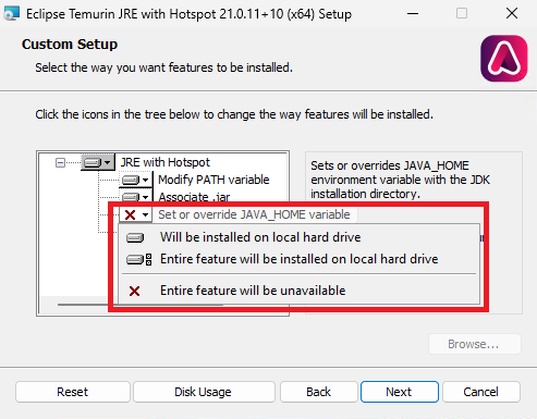 Компонент Set or override JAVA_HOME variable